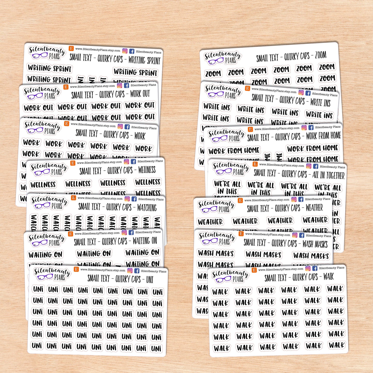 Tiny Text - U - V - W - Z - Words & Phrases - Quirky Caps - Script Stickers