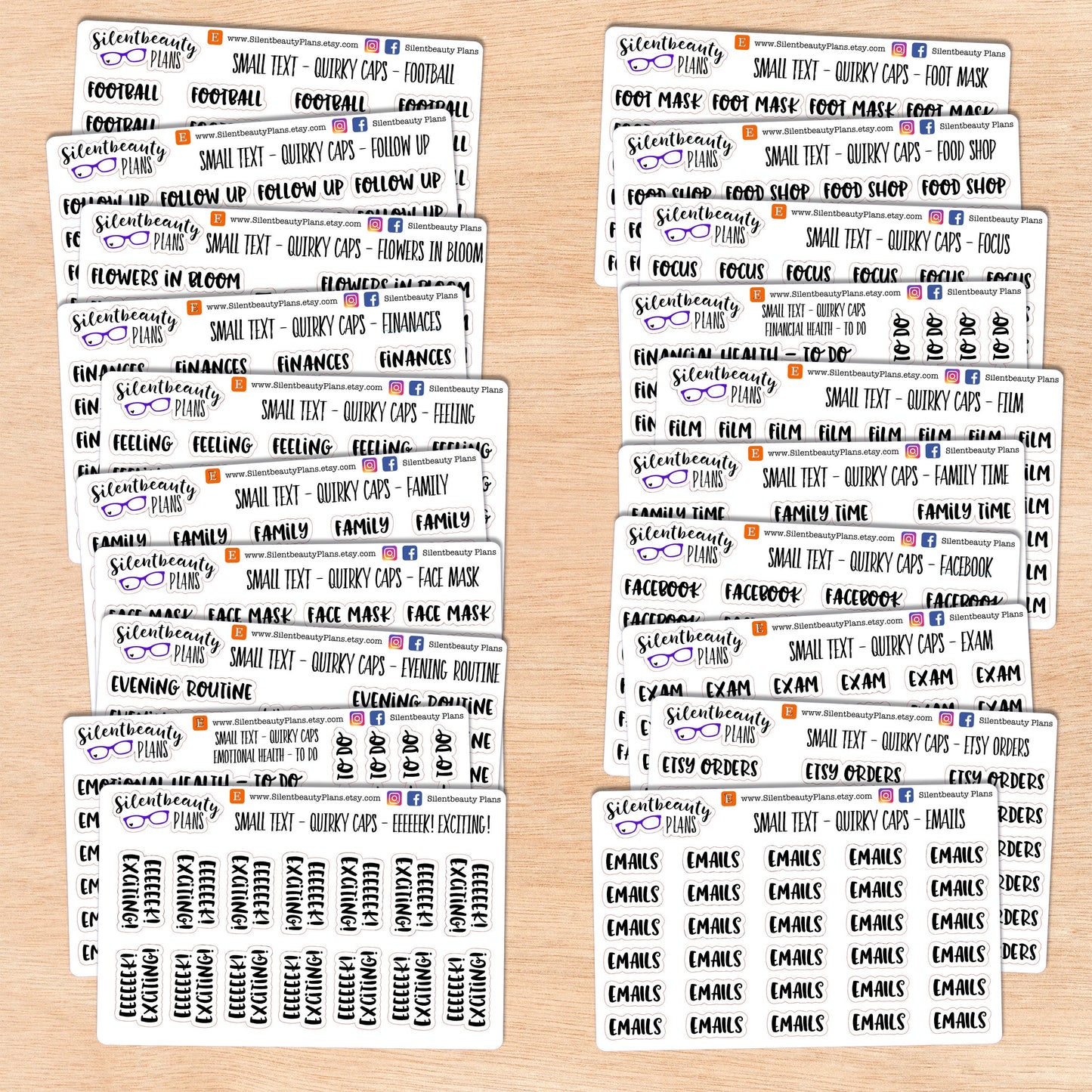 Tiny Text - E - F - Words & Phrases - Quirky Caps - Script Stickers