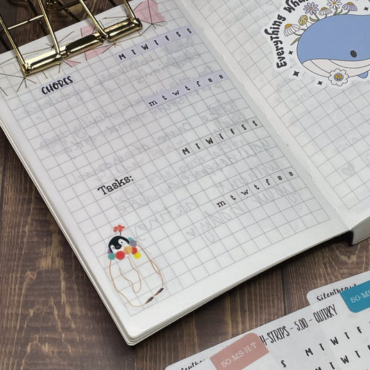 MTWTFSS Horizontal Sticker Strips for 5mm Grid - Shown in Tomoe River notebook with 5mm grid

