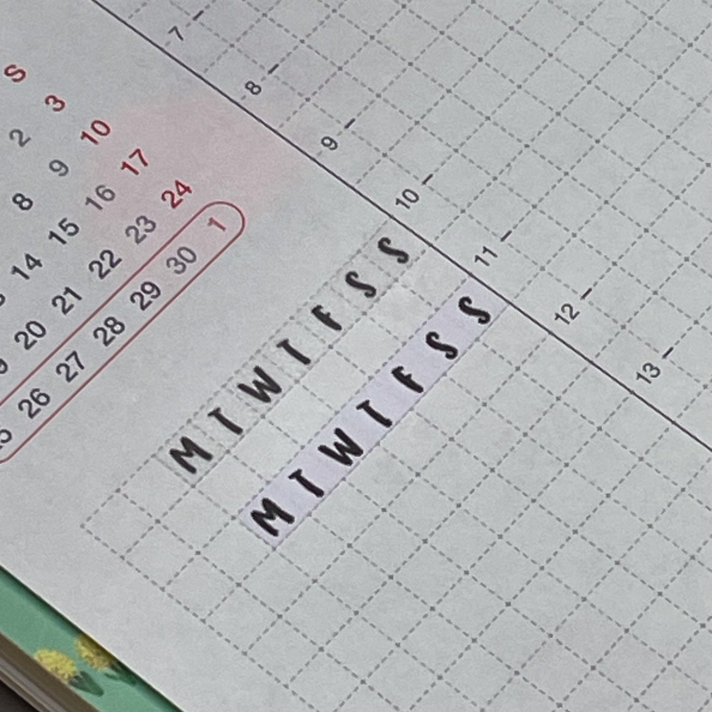 MTWTFSS Horizontal Sticker Strips for 3.7mm Grid - Shown in Hobonichi Cousin Planer

