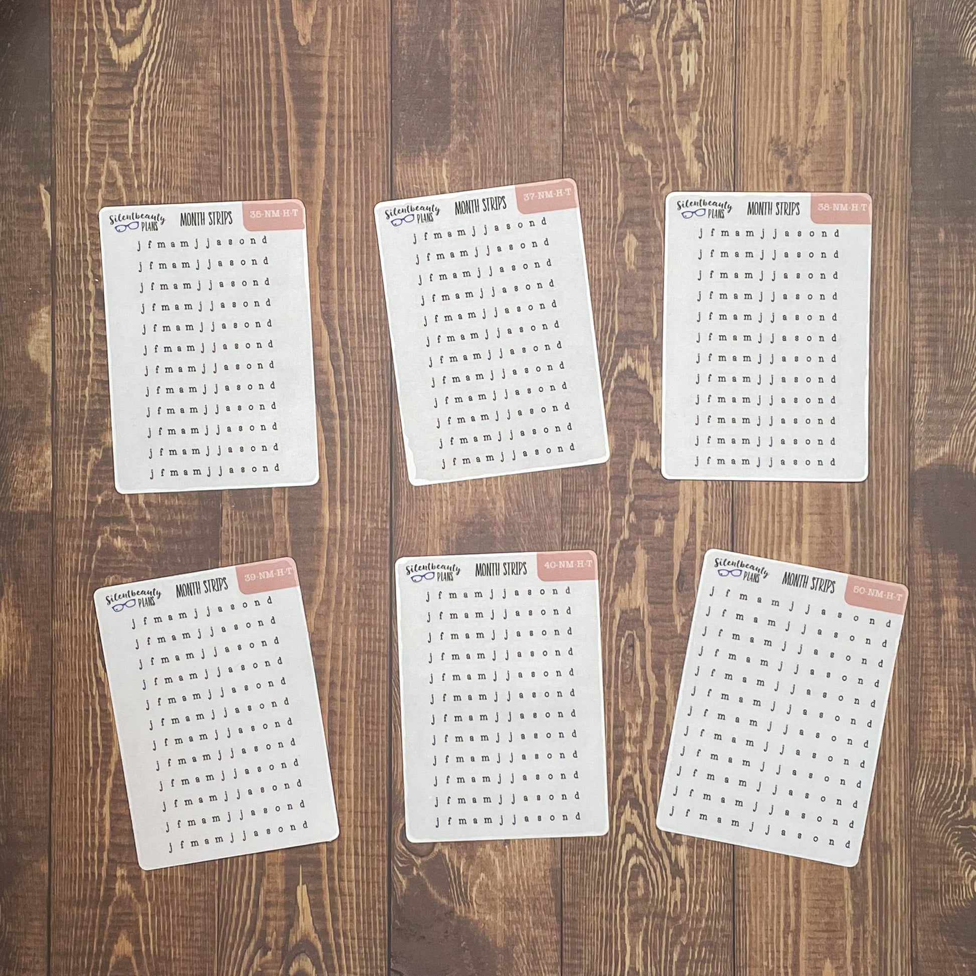 Super Functional JFMAMJJASOND monthly tracker sticker strip sheets in six grid sizes