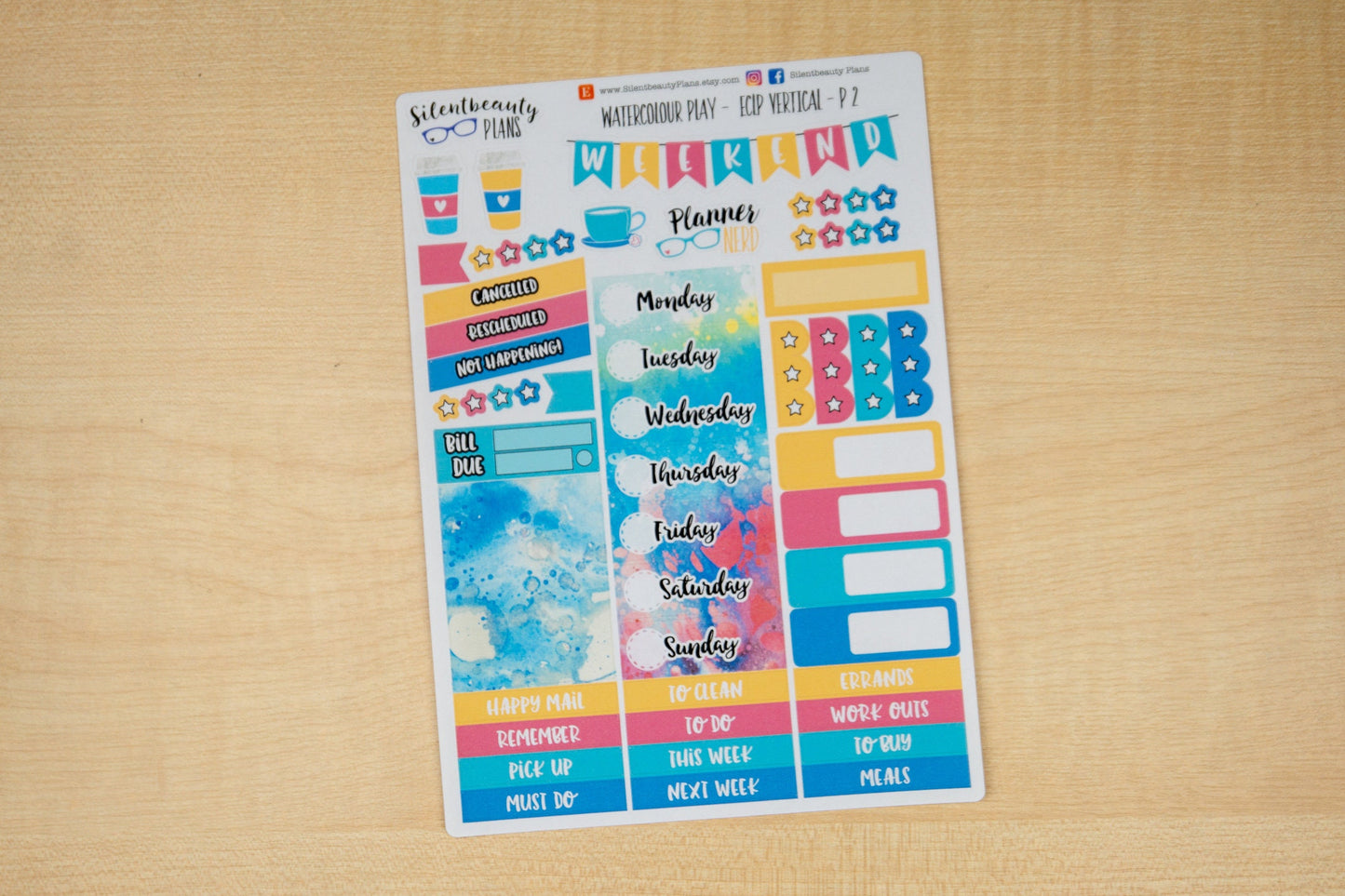 Watercolour Play WeeklySticker Kit - Standard Vertical, Vertical, Planner Stickers, UK