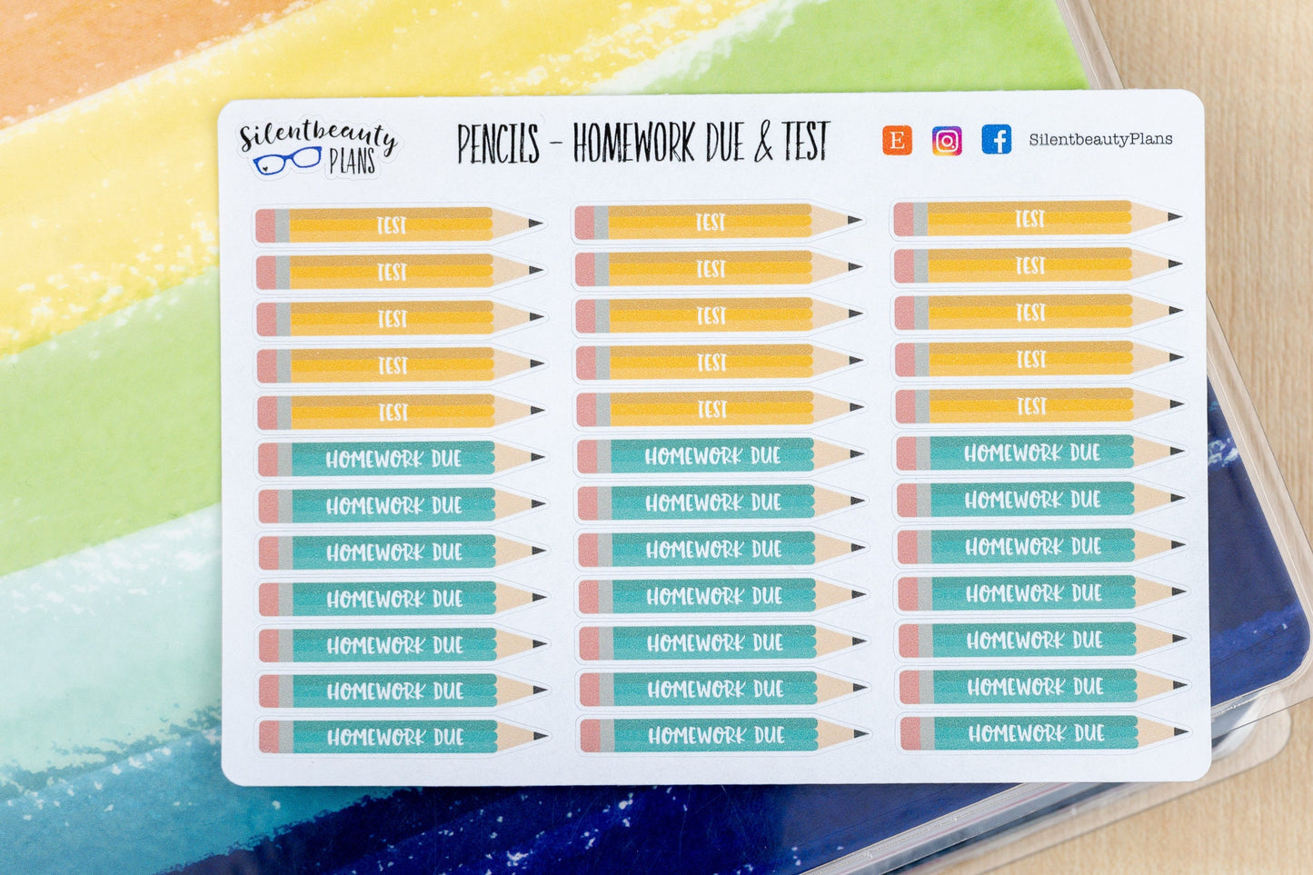 Skinny Pencil Stickers - Homework Due & Test - Planner Stickers, UK